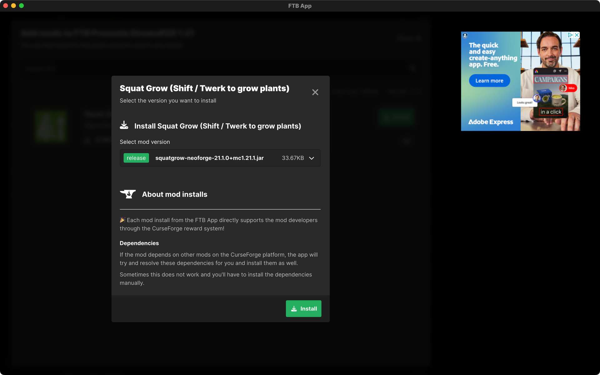 The FTB App&#39;s Mods install modal