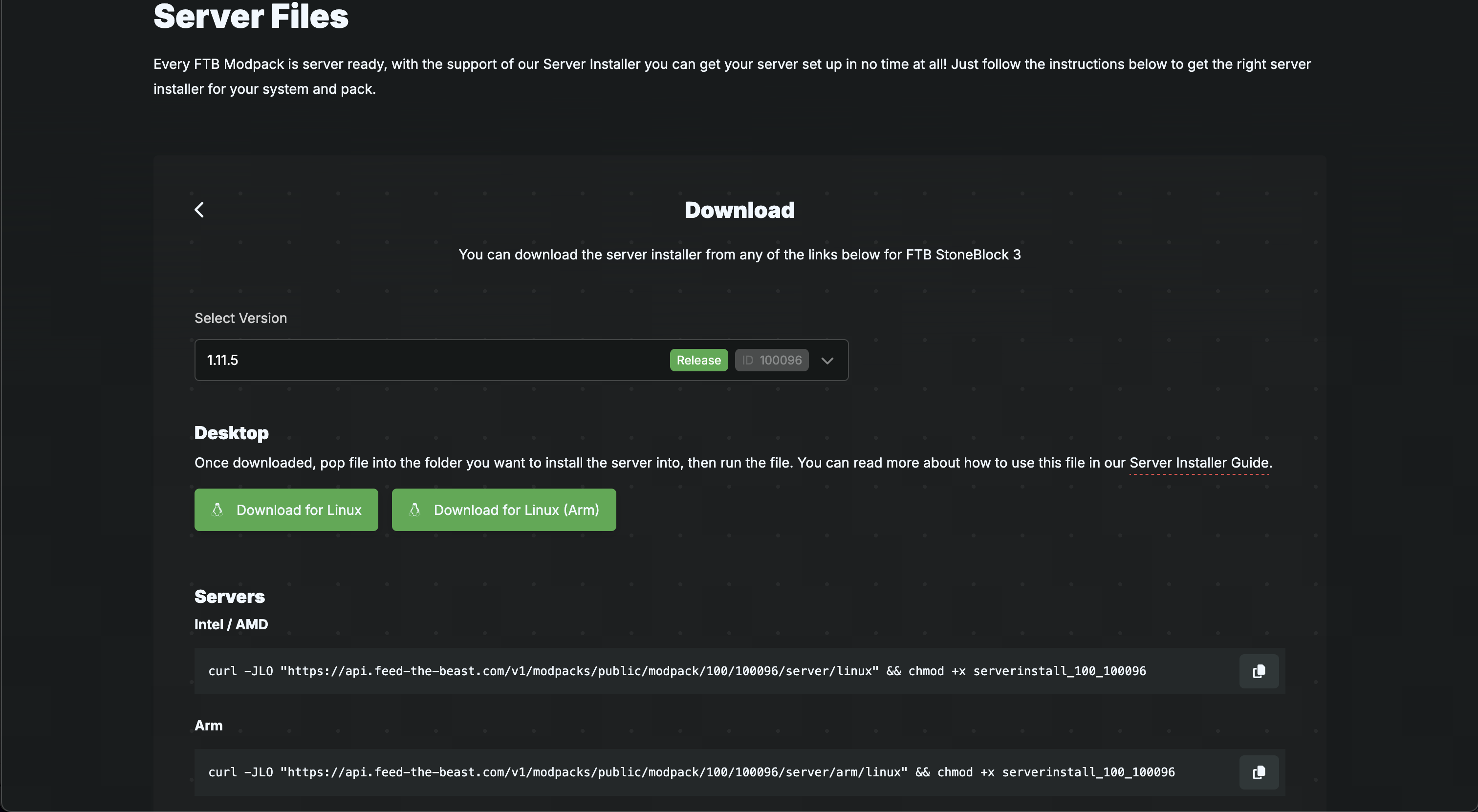 The FTB Website on the StoneBlock 3 server files page