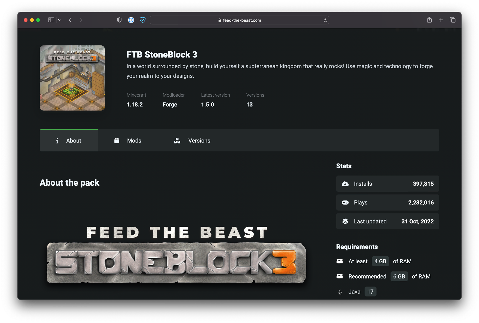 The FTB Website on the StoneBlock 3 website page