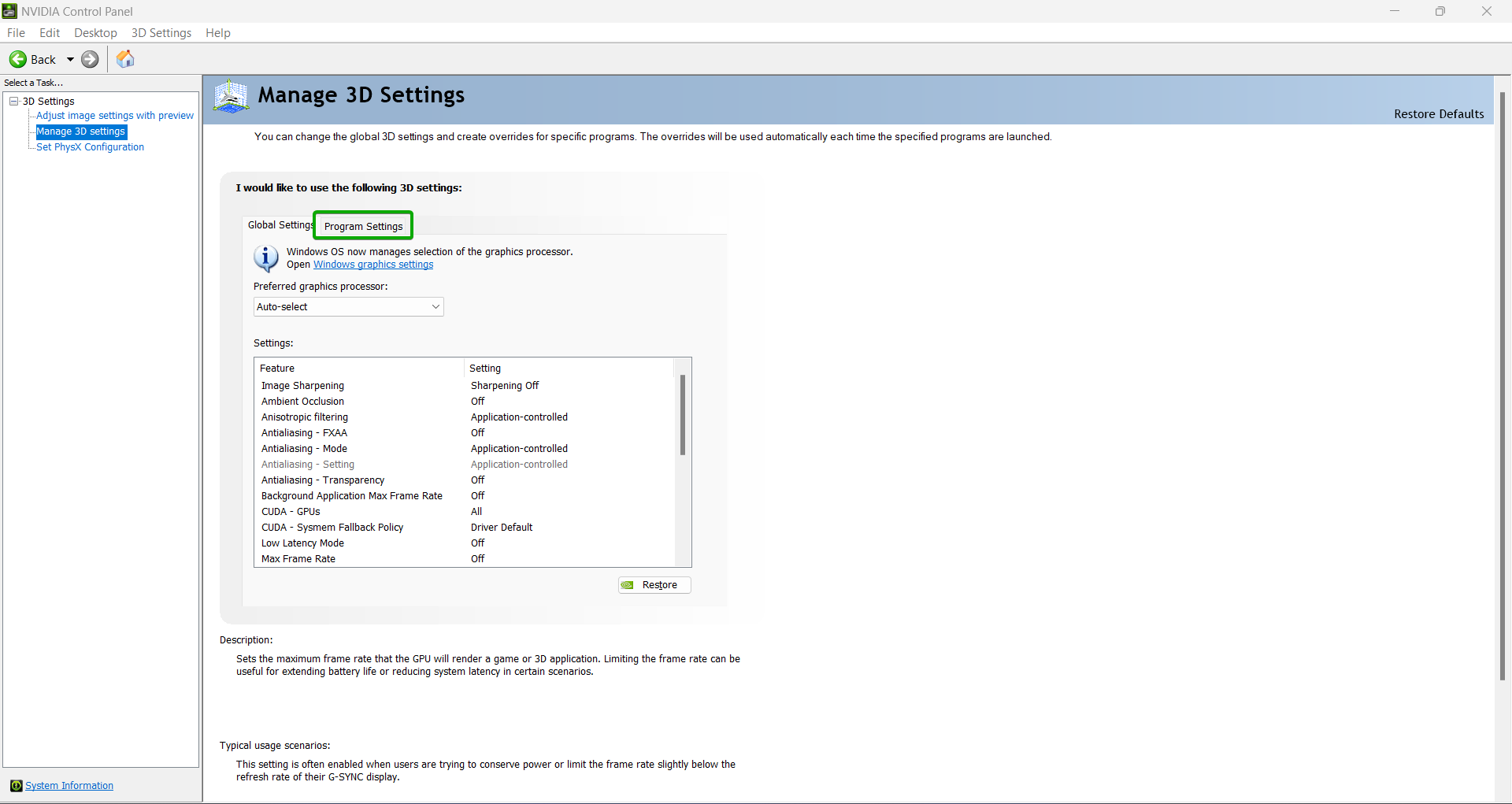 Click Manage 3D Settings